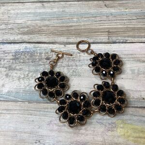 Black Beads Flowers Copper Wire Wrap‎ Toggle Clasp Bracelet 7" Artisan